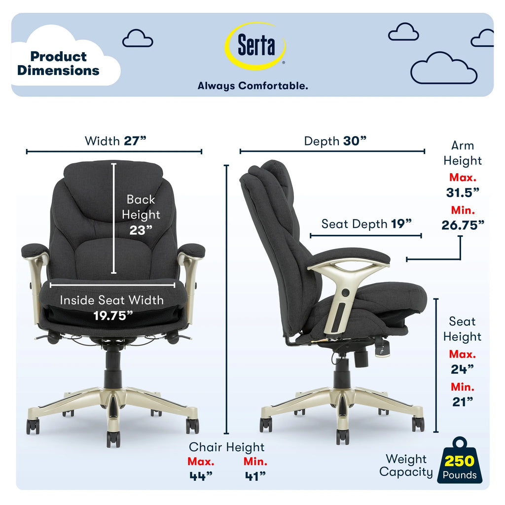 Serta Back in Motion Technology Fabric Executive Office Chair, Light Gray
