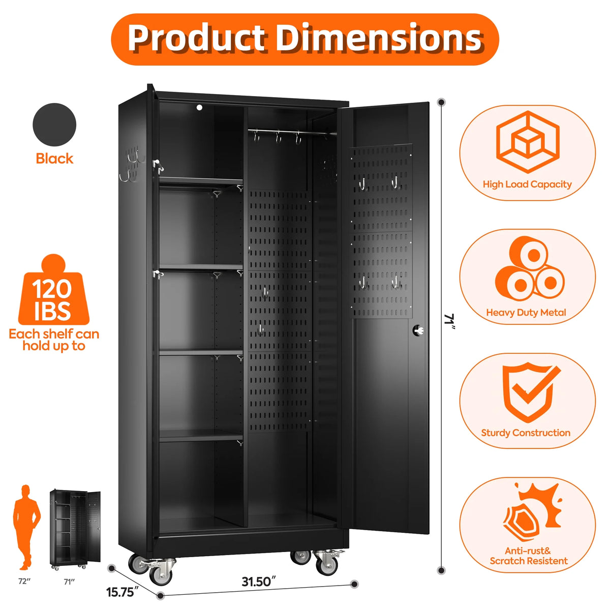 SUPEER 71" Metal Storage Cabinets with Wheels and Pegboards, Industrial Cabinet with 2 Drawers and 2 Adjustable Shelves,, Assembly Required