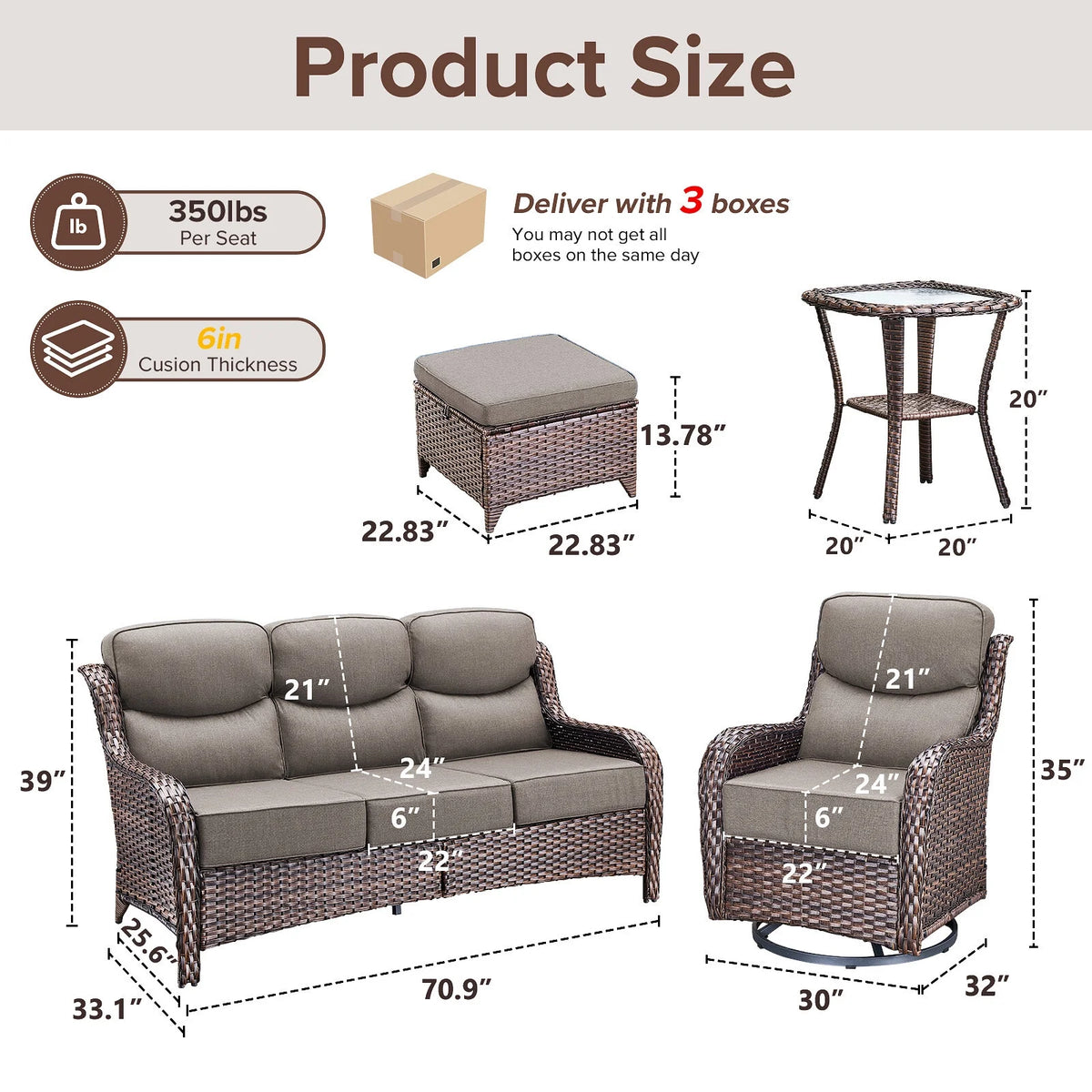 Bellefurn Luxury Outdoor Patio Furniture Set,Swivel Rocker Patio Chairs with 6-inch Thick Cushion,Patio Sofa and Glass Coffee Table,Outdoor Conversation Set for Porch, Deck, Yard