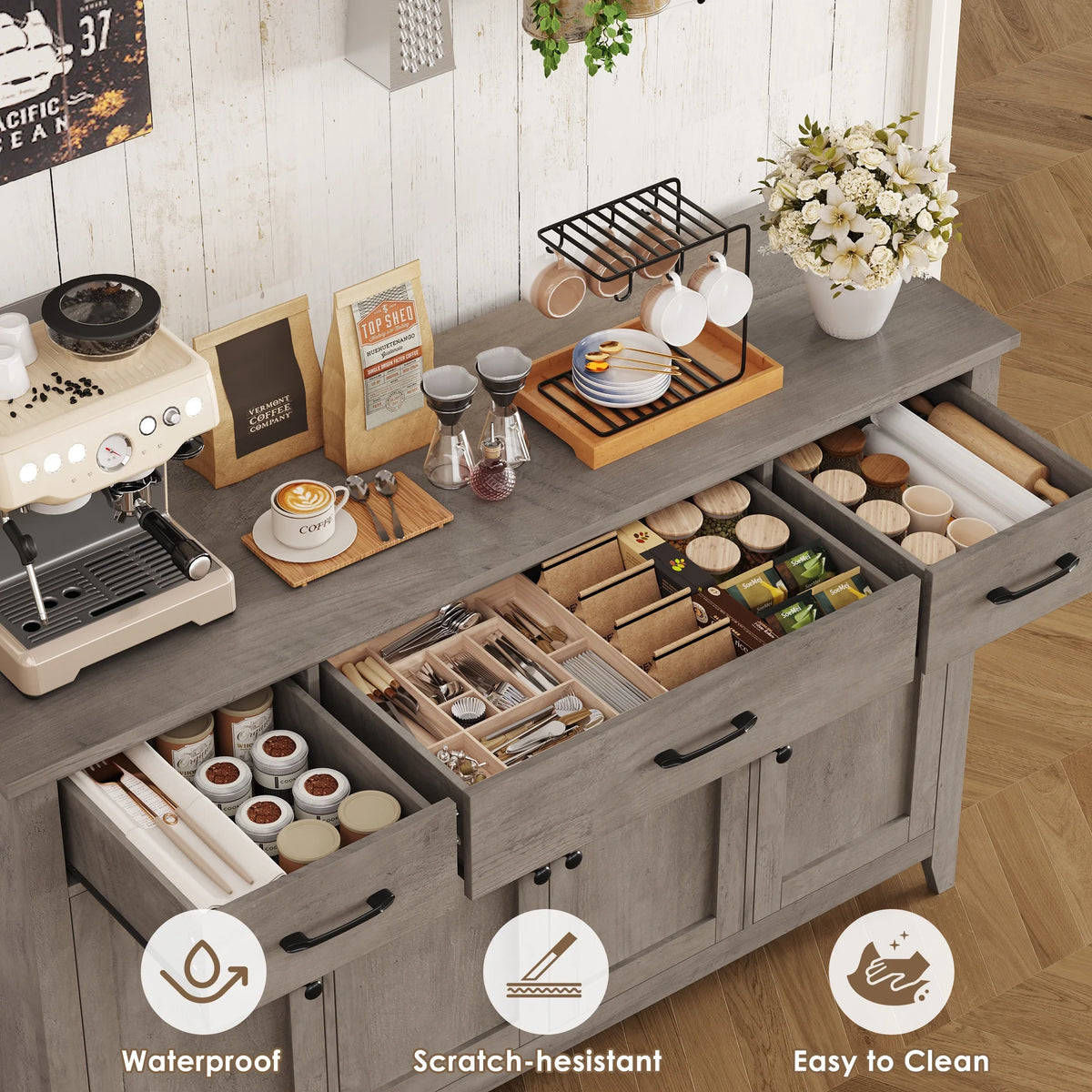 Hiphuta 55"Wide Buffet Cabinet with 2 Adjustable Shelves, Modern Farmhouse Coffee Bar with 3 Drawers and Sturdy Base for Living Room, White