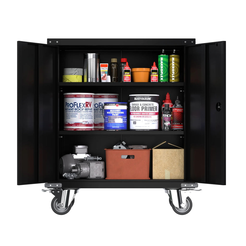 Aobabo Metal Storage Cabinet with Lock,Garage Storage Cabinet with Wheels,72In Steel Storage Cabinet for Garage Home Storage, Black Required-Assembly