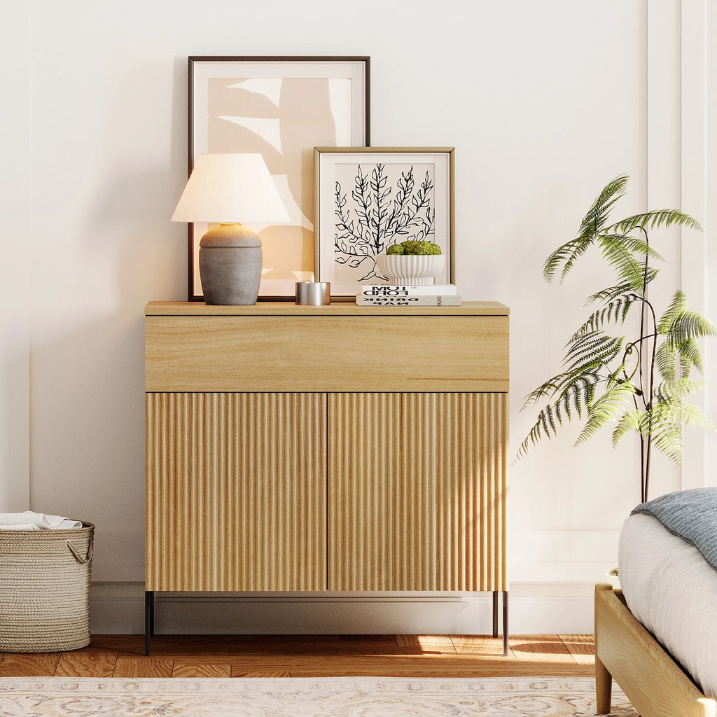 Modern Minimalist Wood Nightstand with 3 Drawers ,31.5" Large End Table,Reeded Design Bedside Table for Bedroom, Living Room,Entryway