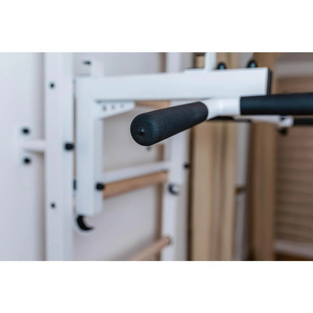 BenchK 733 White Wall bars with convertible steel 6-grip pull-up bar that can also be used as a barbell holder, dip bar with back support and advanced workout bench