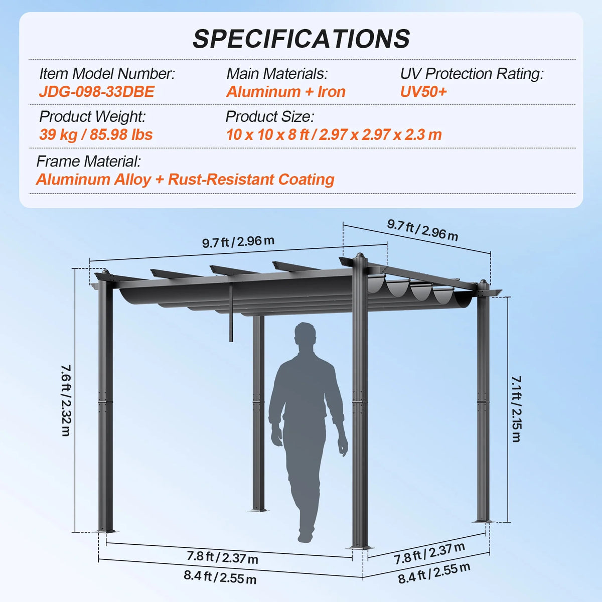 KFFKFF 10'x10' Aluminum Pergola, Outdoor with Retractable Sun Shade Canopy, Ideal for Patio, Garden, Deck, Backyard - Gray