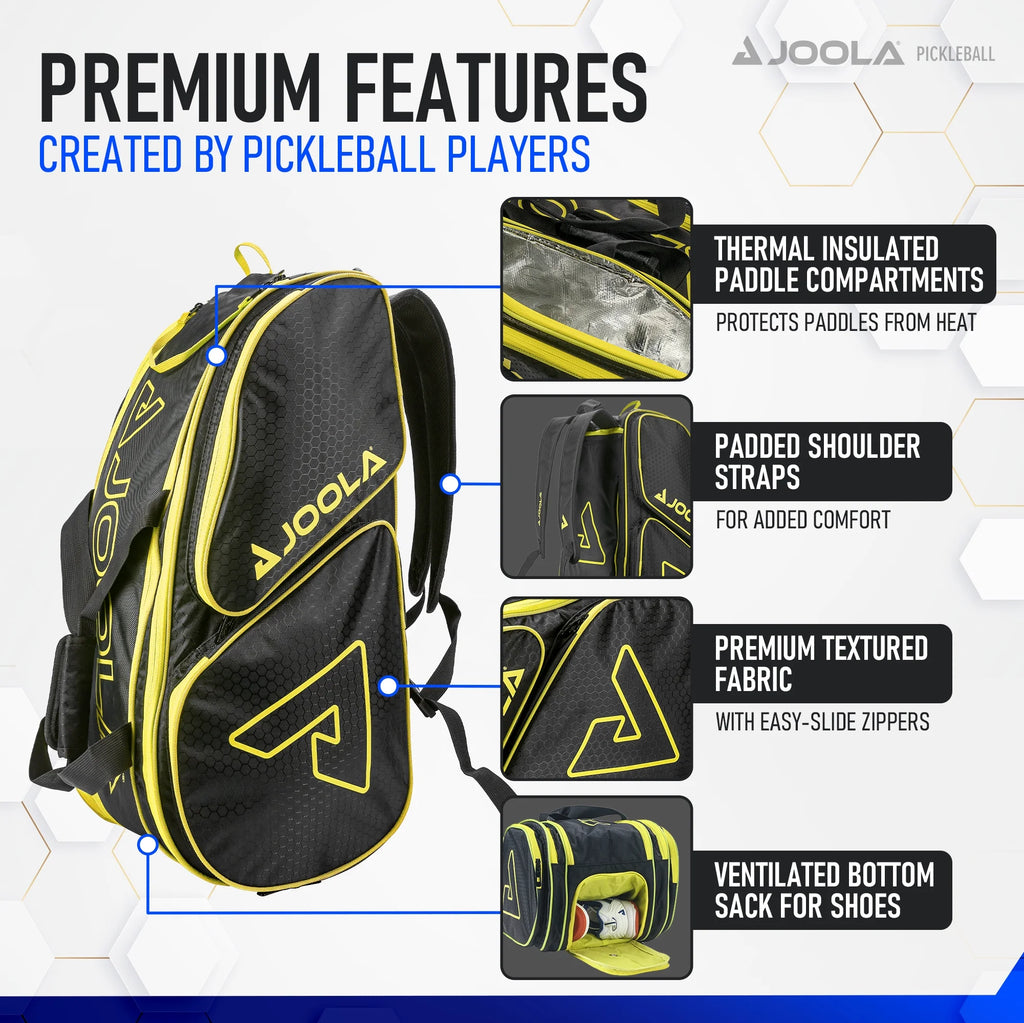 JOOLA Tour Elite Pickleball Bag, Backpack, Duffle Bag for Pickleball and Racket Sports, Black/Yellow