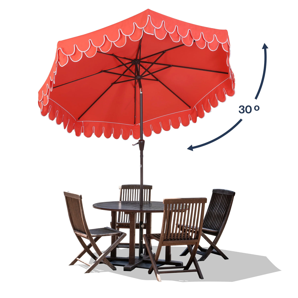 JONATHAN Y Tracy 9 ft. Market Patio Umbrella, Classic Mid-Century Scalloped Fringe, with Auto-Tilt Crank, Wind Vent and UV Protection, Coral Pink/White, Dark Brown Pole