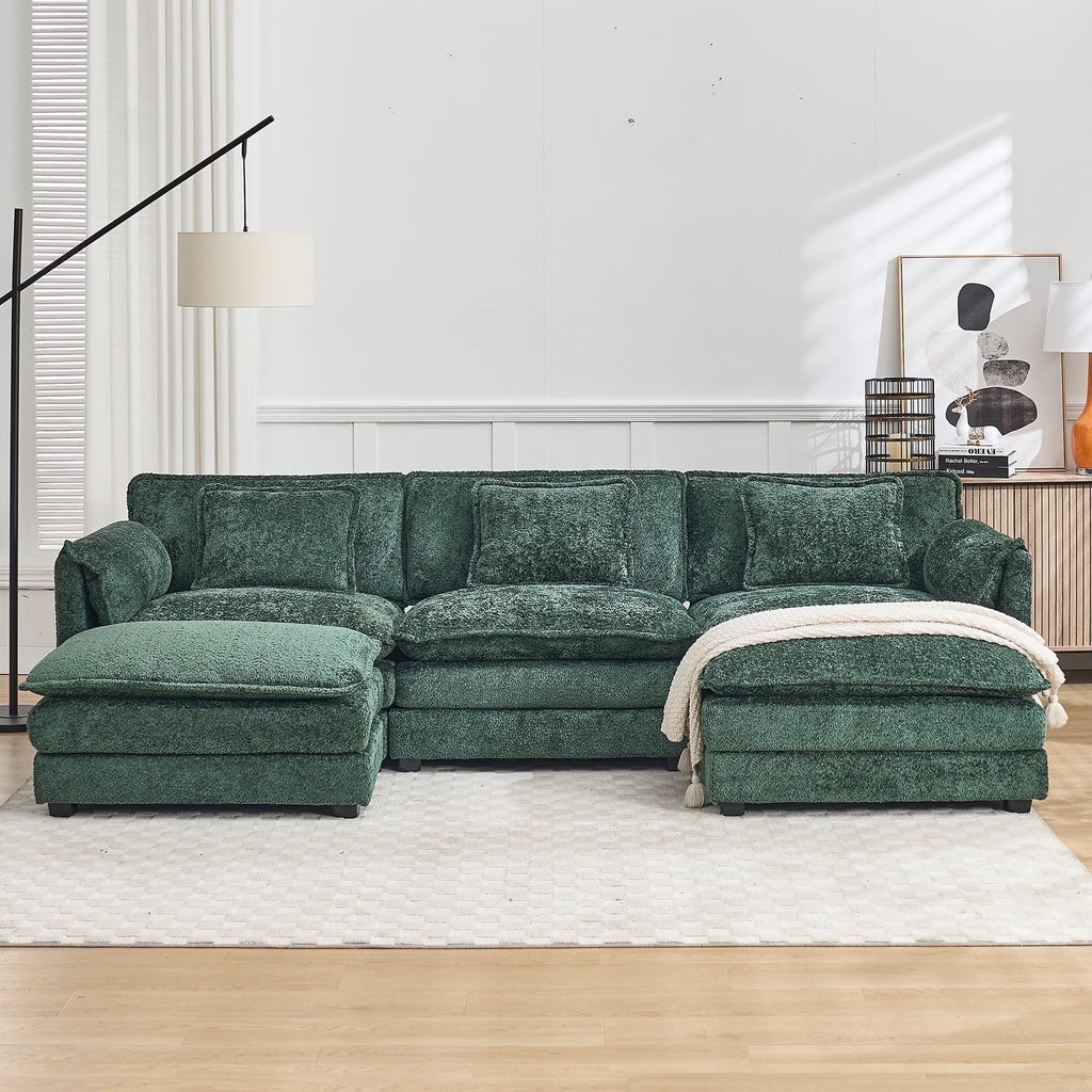 GNIXUU 112" Oversized Sectional Sofa Cloud Couch for Living Room, Modern Chenille L Shaped Couch, Comfy Boucle Modular Sofa Sleeper with Moveable Ottoman & Memory Foam (Green)