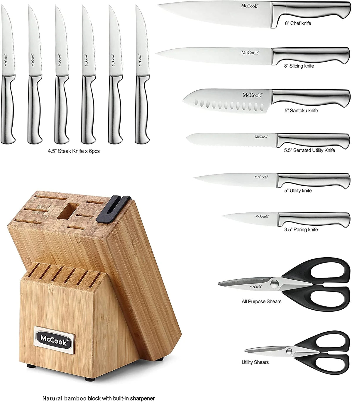 McCook MC29 Knife Sets, 15 Pieces German Stainless Steel Kitchen Knife Block Sets with Built-in Sharpener
