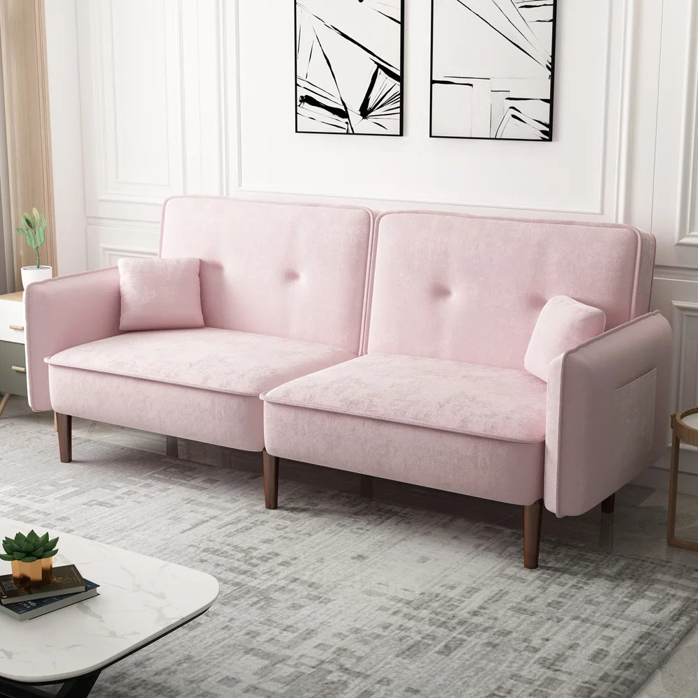 Convertible Futon Sofa Bed, 75�� Fabric Futon Couch with Adjustable Backrest, Folding Futon Sleeper Recliner for Living Room Furniture (White)