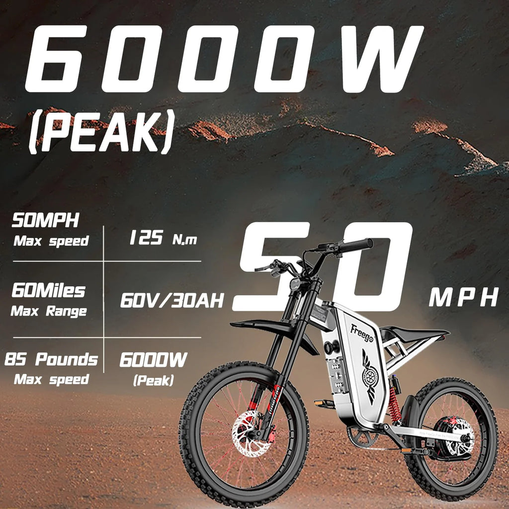 50MPH Electric Dirt Bicycle Freego X2 Pro,6000W(Peak)Motor Electric Motorcycle, Electric Bike for Adults, 60V30AH Battery, 19x2 Tire Full Suspension Hydraulic Brake Half Throttle UL2849