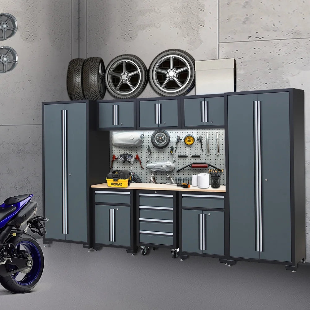 HPDMC Garage Storage Cabinet System 9-Pcs Workshop Set Metal Garage Cabinets and Storage System with Steel Cabinet Drawers, Rolling Chest, Workbench, Pegboard for Garage Tool Organization