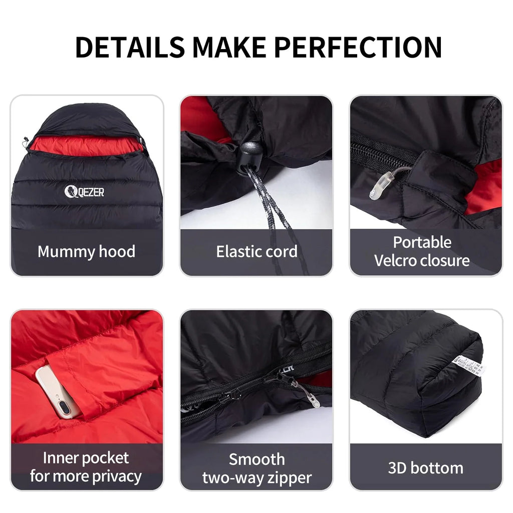 QEZER Ultralight Down Sleeping Bag for Adults, 650FP, 860g, 3-Season Compact for Backpacking & Camping, 36��F-46��F