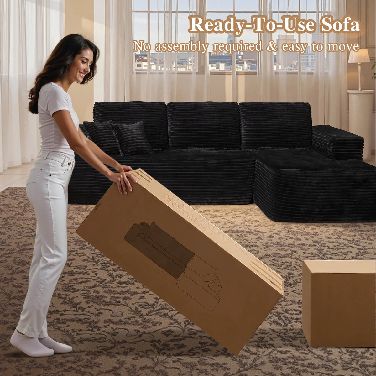 Ovios 106" L-Shaped Sectional Sofa Modern Modular Cloud Couch with Deep Seating Upholstered Sofa for Living Room Bedroom, No Assembly Required, Black(Corduroy)
