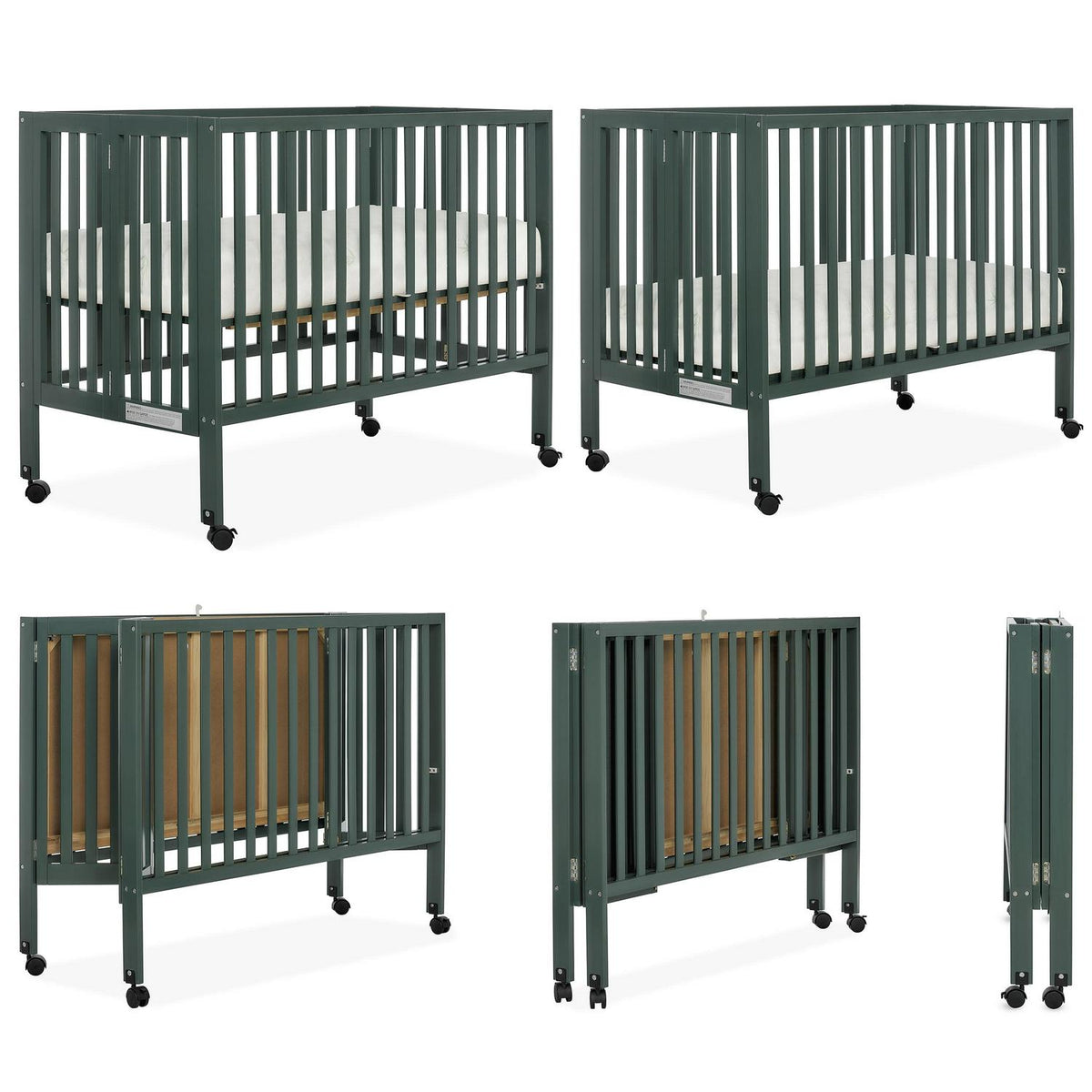 Dream On Me Quinn Full-Size Folding Crib. Removable Wheels. Modern Nursey. Adjustable Mattress Support. Patent Folding System in Olive