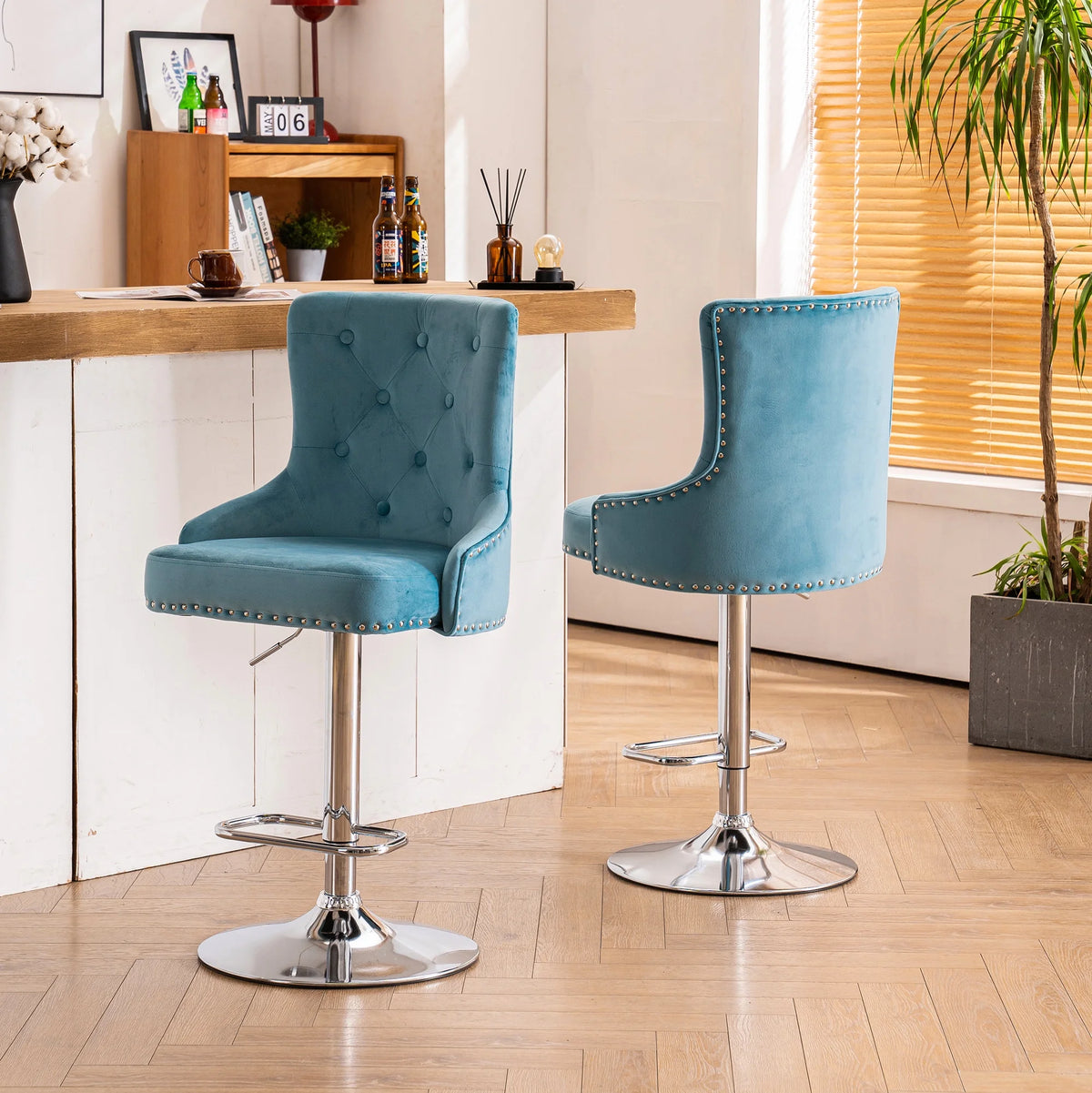 Alexent  2PCS Swivel Bar Stools, High Back, Button Tufted, Silver Footrest and Nailhead Trim Swivel Bar Chairs for Kitchen, Bar Velvet Upholstered Bar Stools, Dark Blue