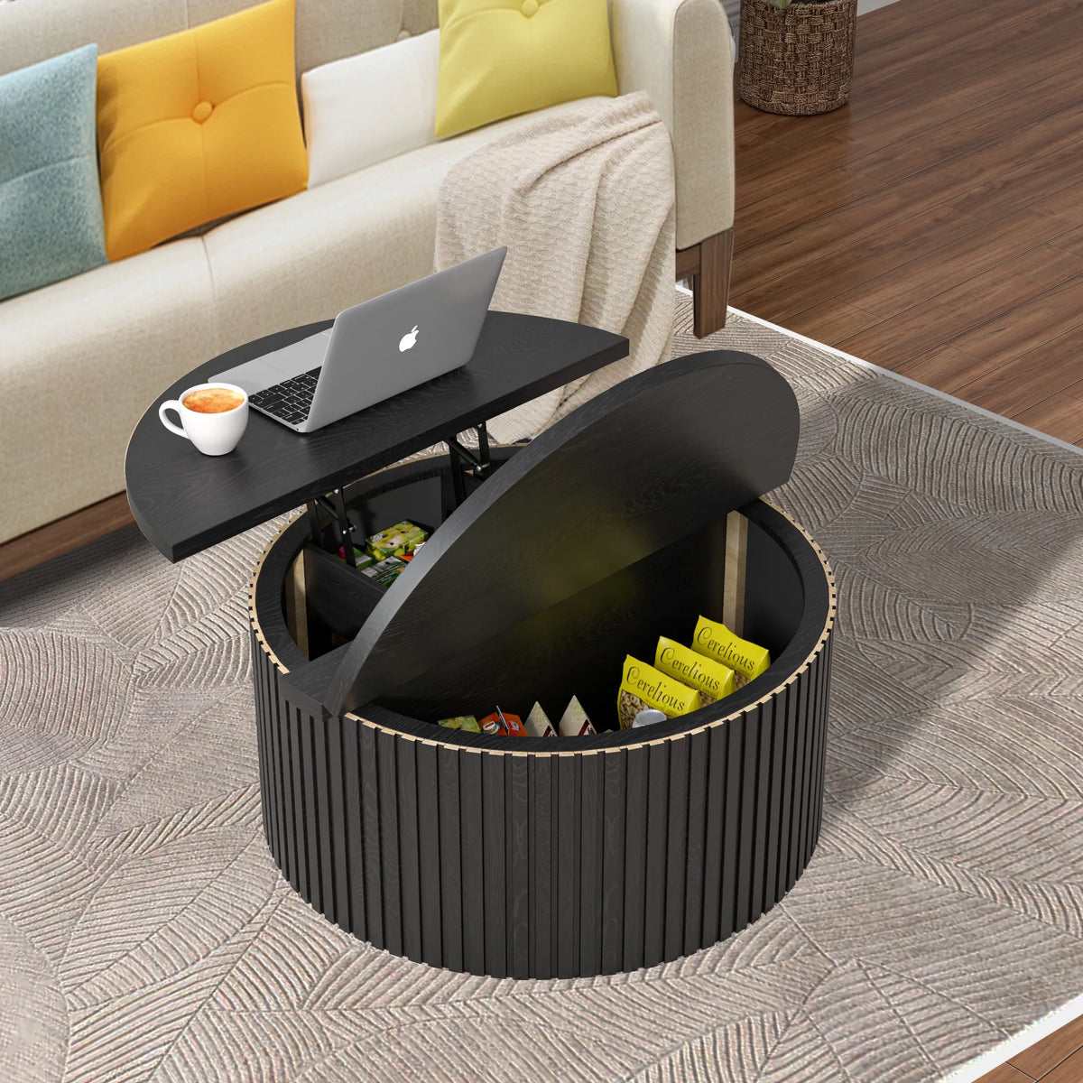 Oubayajia Round Coffee Table with Storage, Wood Lift Top Coffee Table, Waveform Panel, Natural