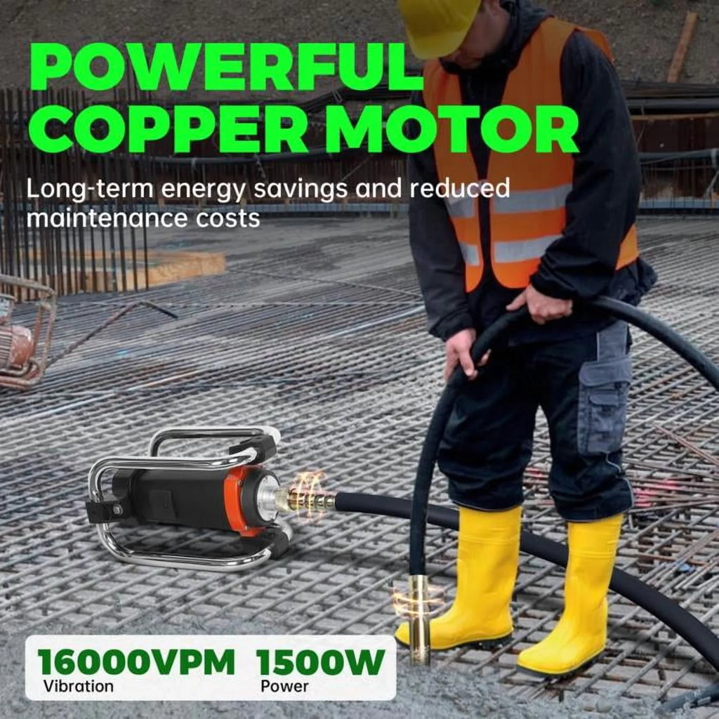 Professional Vibrating Concrete Poker, Stainless Steel & Copper Build, 14.75ft Shaft, for Contractors, Large-Scale Pouring