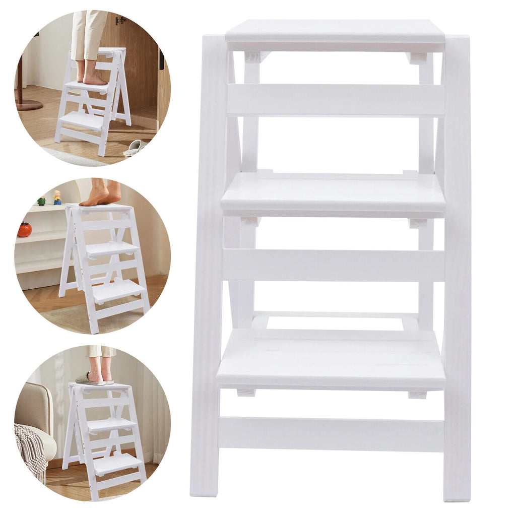 White 3-Tier Step Stool Solid Wood Folding Ladder Anti-Slip Step Stool