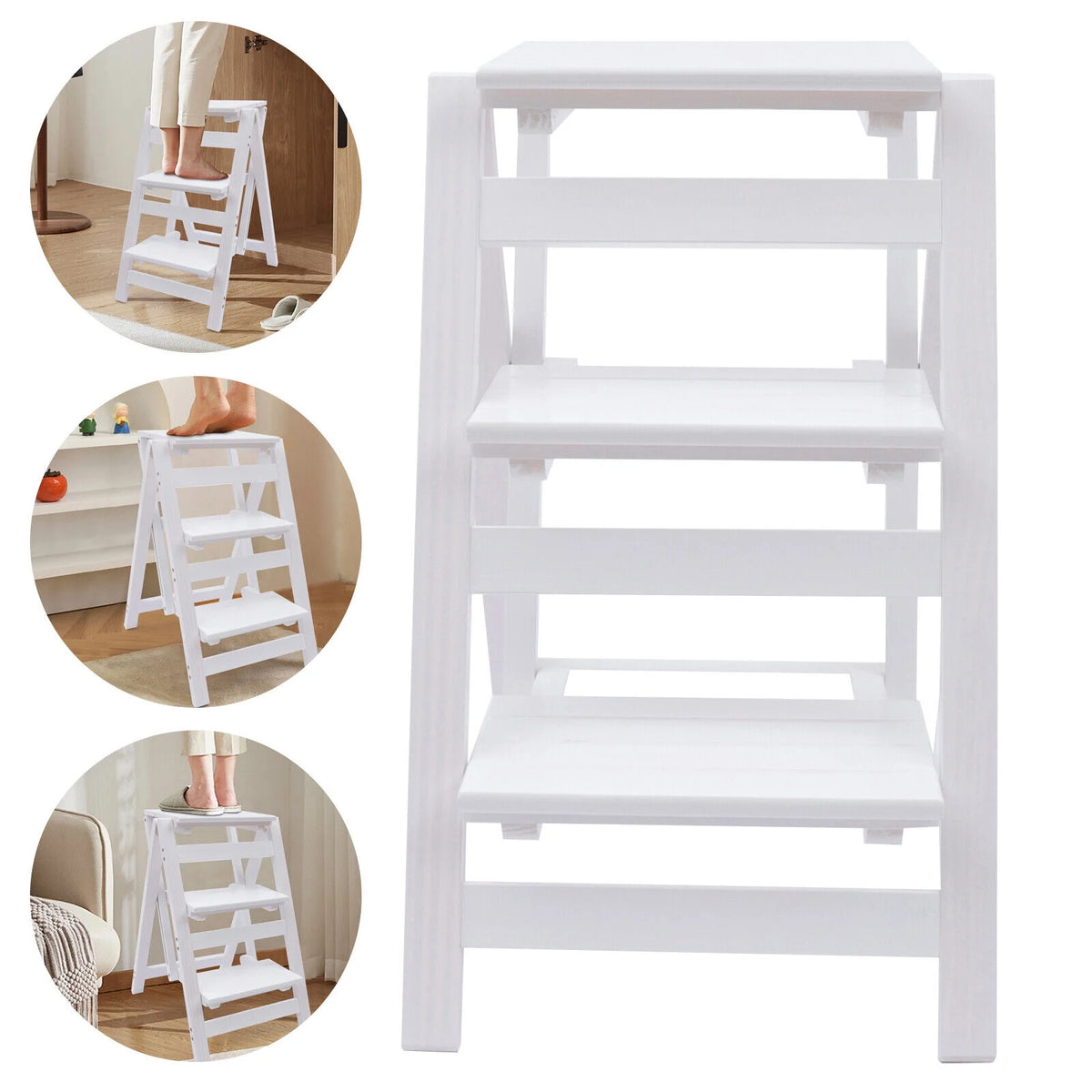White 3-Tier Step Stool Solid Wood Folding Ladder Anti-Slip Step Stool