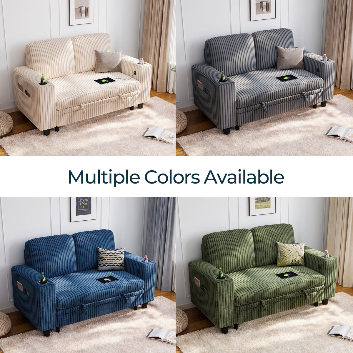 Linsy Home Plush Corduroy Pull Out Couch Chaise Lounge, Convertible Loveseat Sofa Couch With Usb & Cup Holder, Green