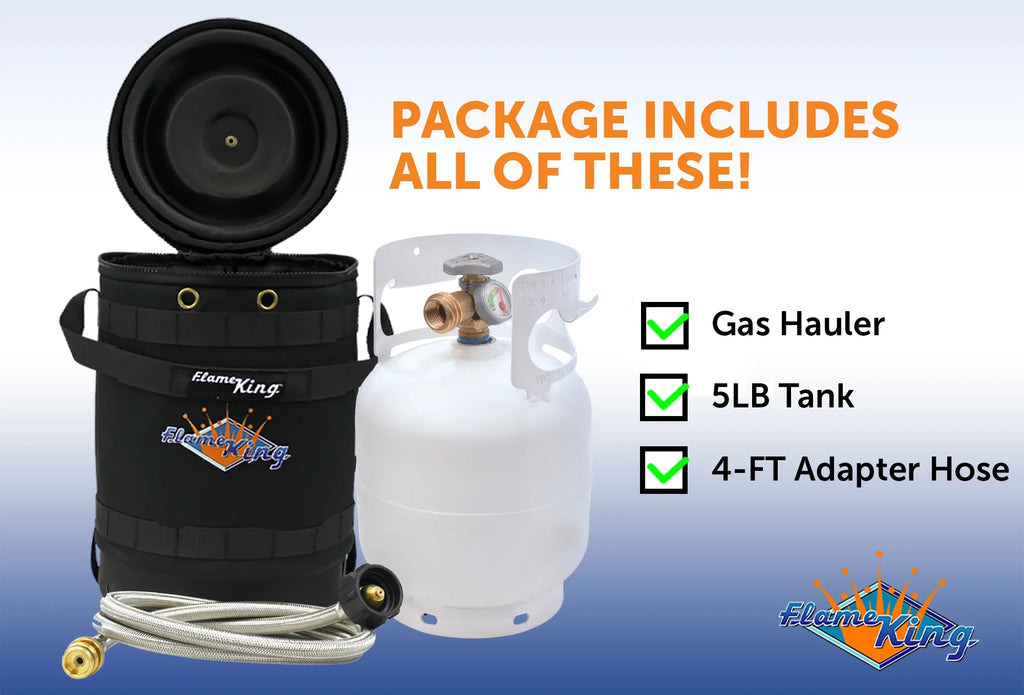 Flame King Gas Hauler Pro Kit - Insulated Protective Carry Case, 5lb Propane Tank with Built-in Gauge and 5-ft Adapter Hose for Camping and Outdoor Adventures