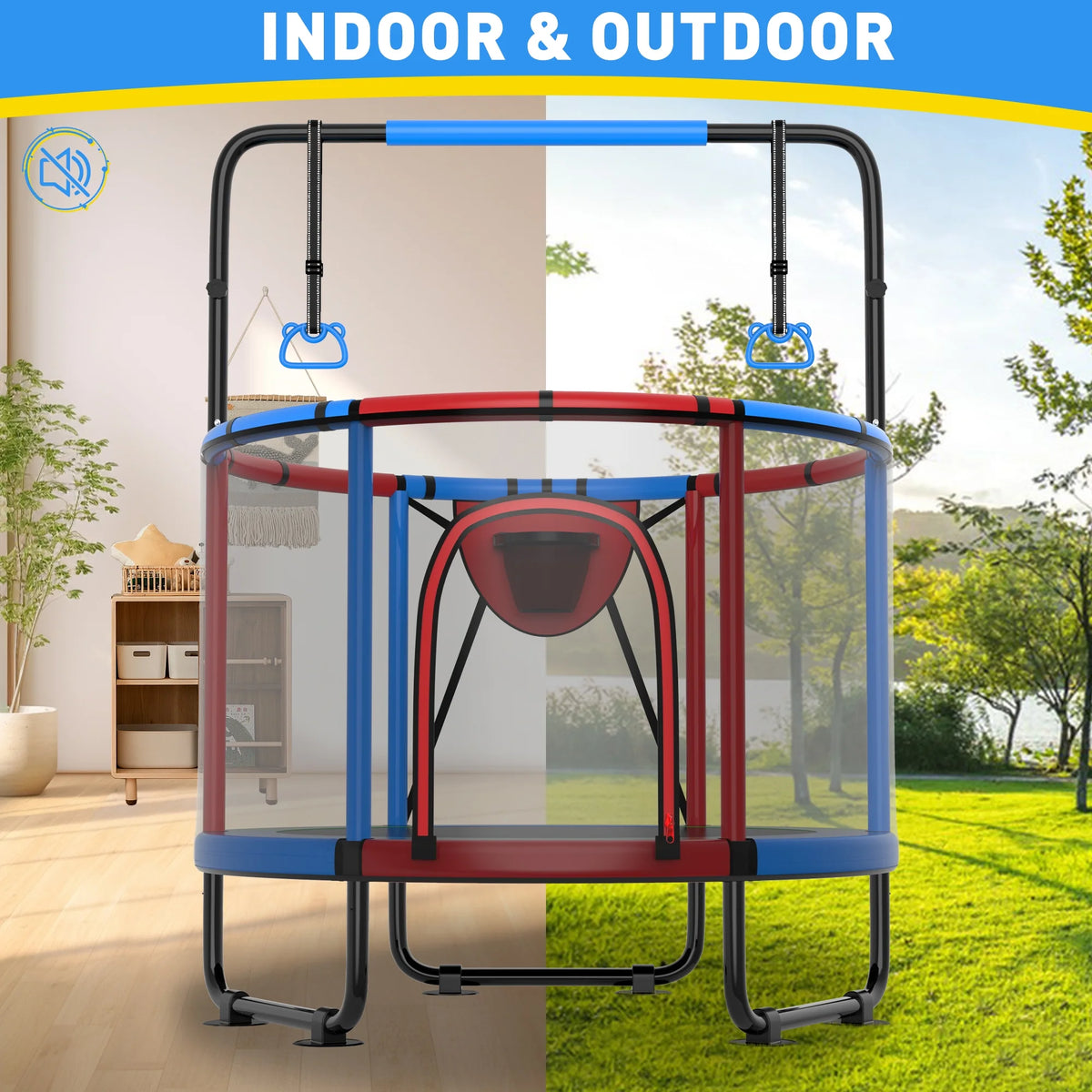 CITYLE Trampoline for Kids 600LBS 60'' 5FT Toddler Trampoline Indoor Outdoor with Basketball Hoop, Swing, Adjustable Bar, Mini Small Trampoline with Enclosure, Gifts for Toddlers, Boys & Girls
