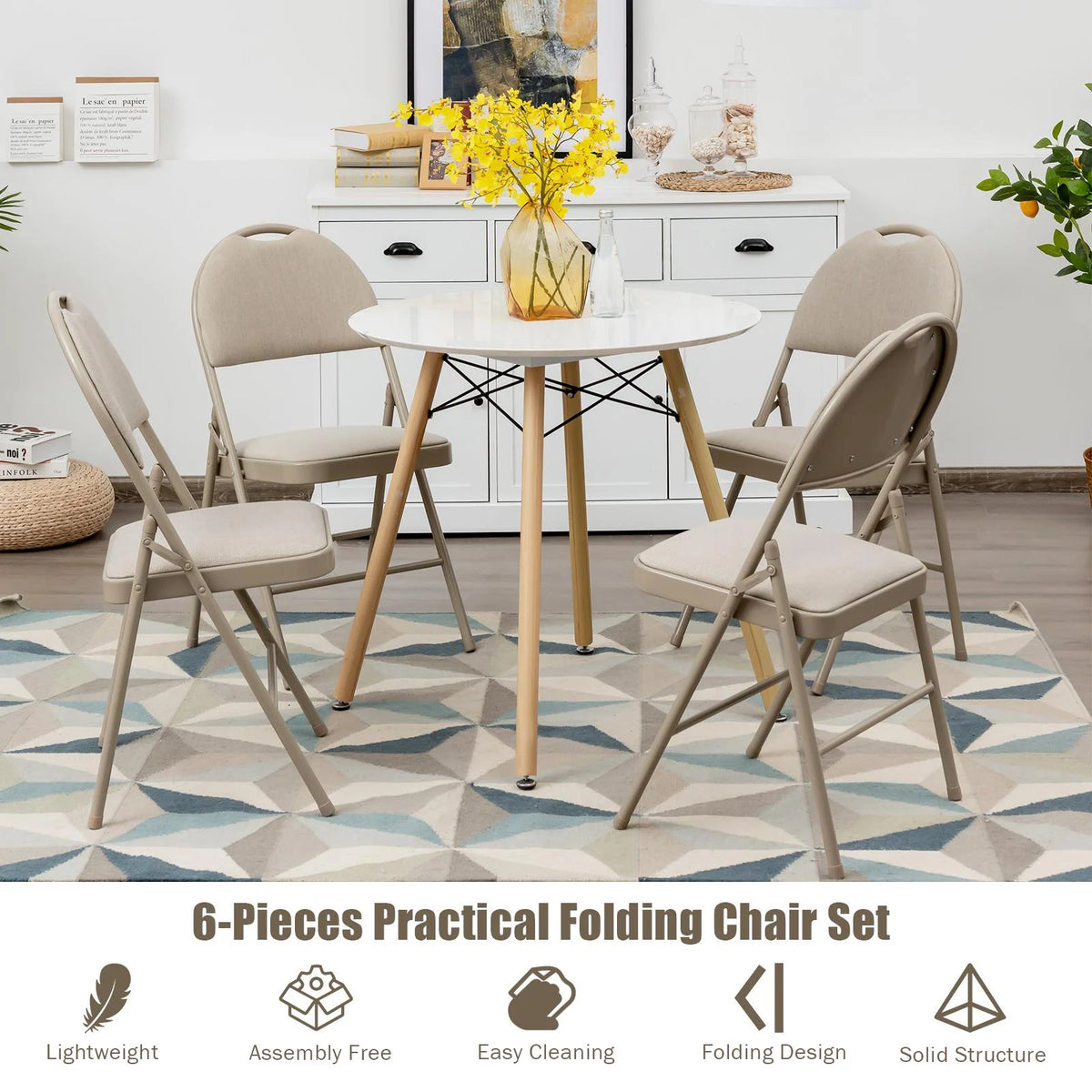 Giantex 6-Piece Commercial Folding Chairs w/Upholstered Padded Seat & Back, Fabric Seating for Home Office Wedding Party, Grey