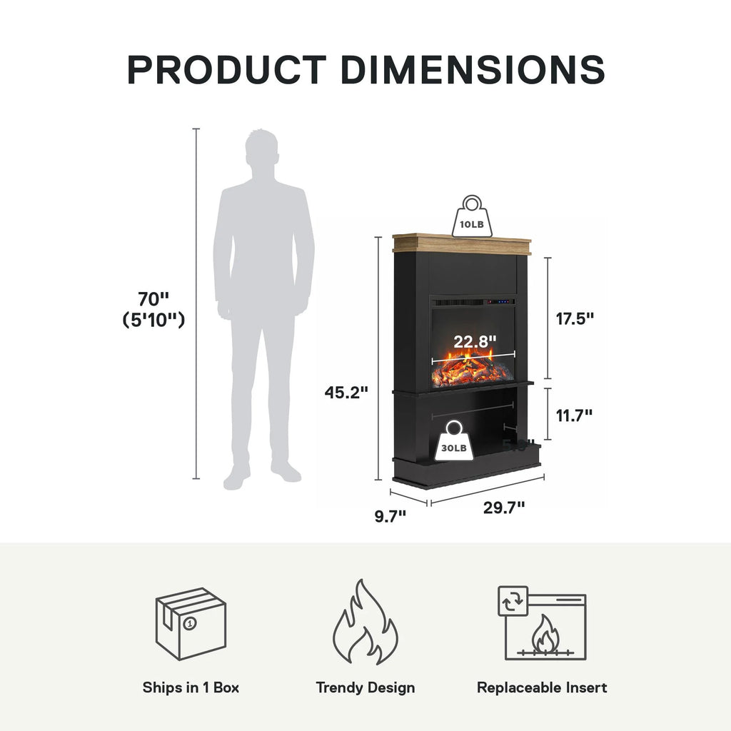 Mateo Electric Fireplace with Mantel and Open Shelf, Black with Natural