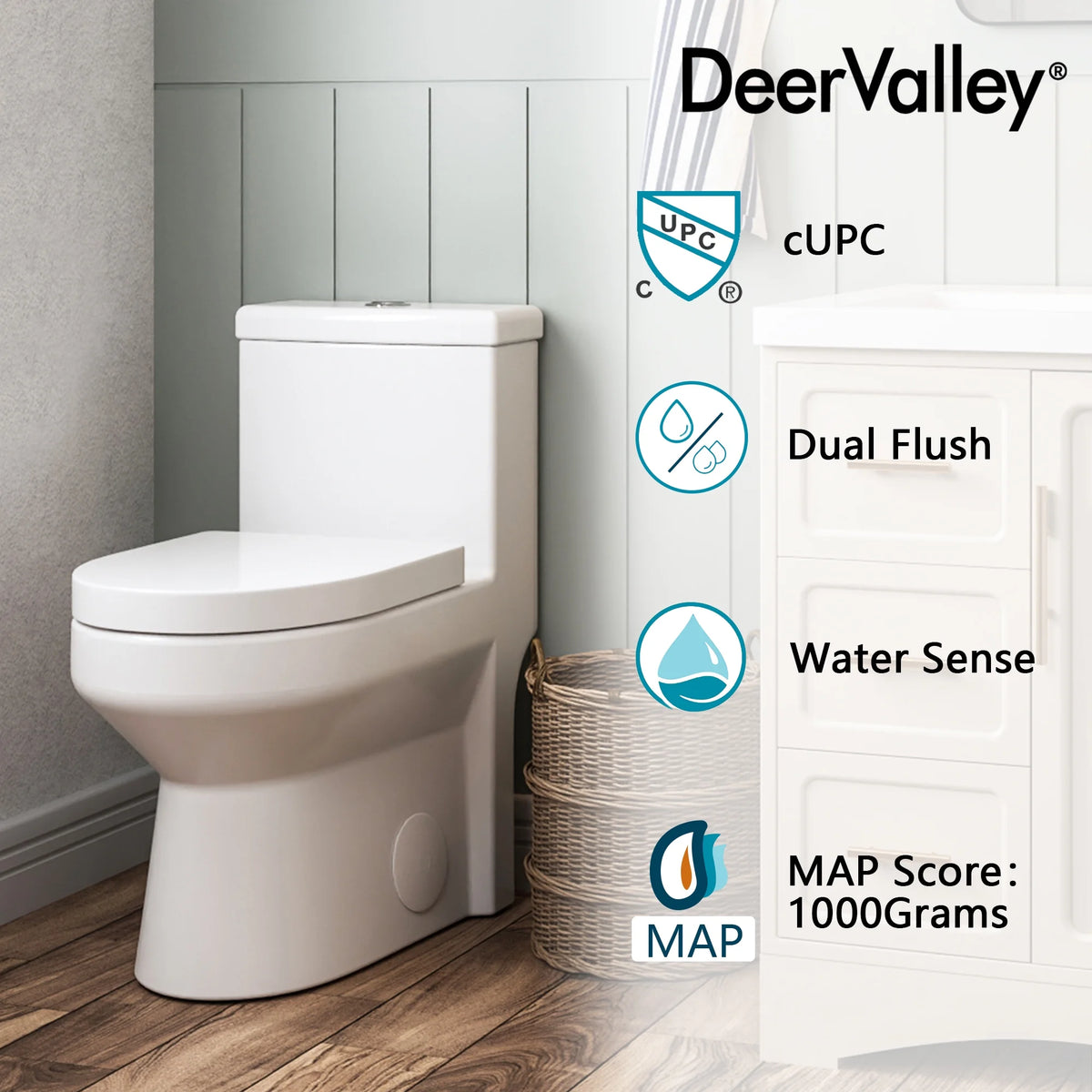 DeerValley Liberty Compact Toilets One-Piece Toilet With High-Efficiency Flush Round Toilet for Space-Saving Floor Mounted 12 in. Rough In 1-Piece 1.1/1.6 GPF Dual Flush (Seat Included)