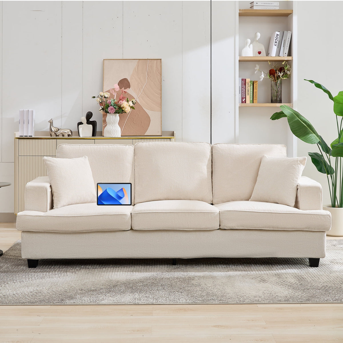 Korser 89" Chenille Sofa 3 Seater Couch with Extra Upholstered Deep Seats for Living Room,Removable Cover,Beige
