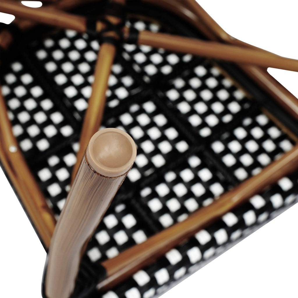 Merrick Lane Stacking Thonet French Bistro Style Chair with Arms, Black & White PE Rattan Seat, and Bamboo Finished Metal Frame for Indoor/Outdoor Use