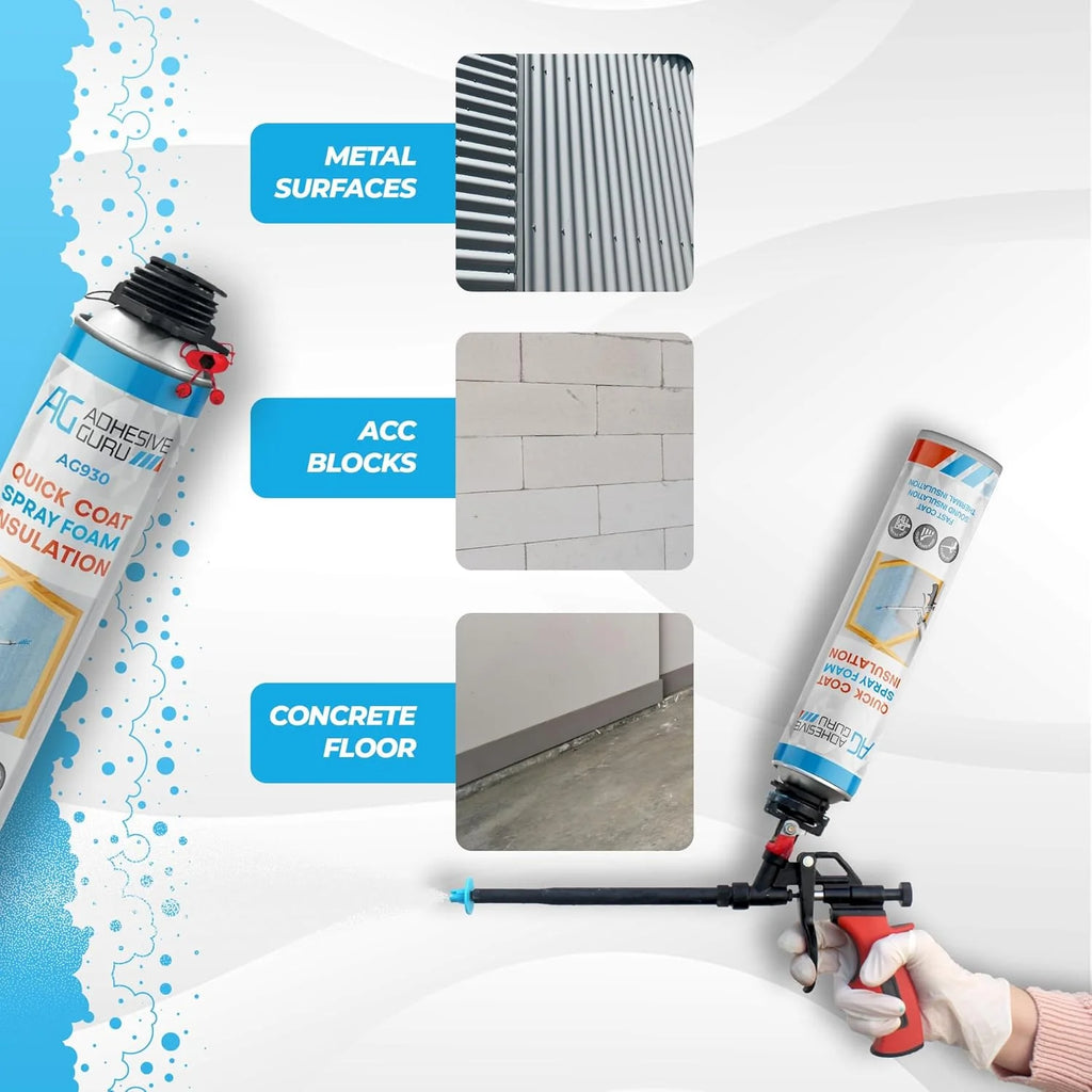 Adhesive Guru Spray Foam Insulation Kit (18 x 32.80 oz/930 gr - 360 Board feet), Self-Expanding Adhesive Foam, Closed Cell Heat Insulation & Acustic Spray with Cleaner and Dispensing Gun- 18 Pack