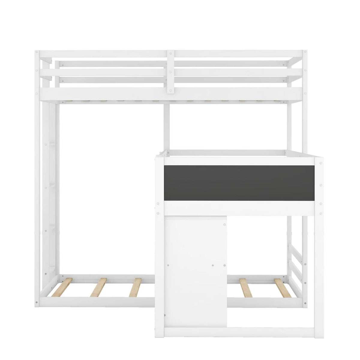 Triple Bunk Beds, L-Shaped Triple Beds with Storage Cabinet & Blackboard, Solid Wood Bunk Beds Frame with Full-length Guardrails & Built-in Ladder for Kids, Teens, 3 Beds in 1, Twin/Twin/Twin, White
