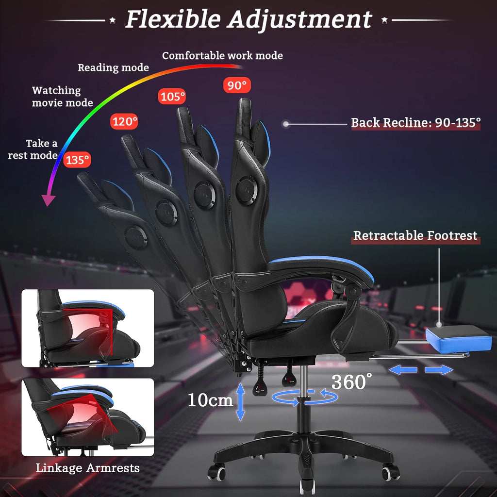 Hoffree Gaming Chair with Speakers PU Leather Office Chair with Footrest and LED Lights Ergonomic Gamer Chair with Massage Lumbar Support and Headrest Adjustable Swivel for Home Office 300lb