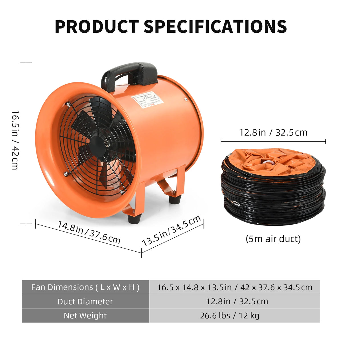 DEXTRUS 12" Utility Blower Extractor Fan, 3300 RPM High Velocity Utility Ventilator with 16ft Duct Hose for Factories, Basements, Orange