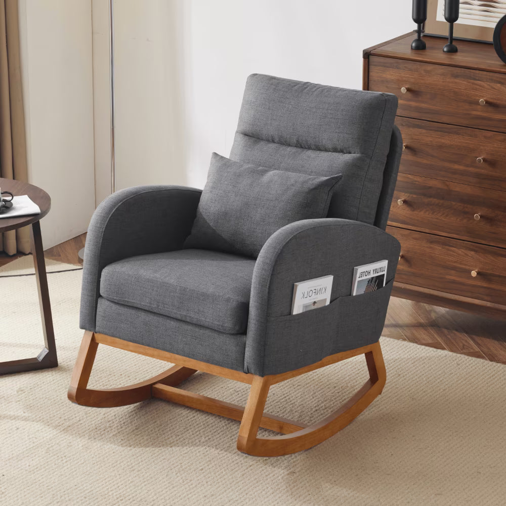 Hassch Upholstered Rocking Chair, Linen Fabric Glider Rocker with High Back, Accent Chair with Solid Wood Base, Reading Chair with Side Pocket for Living Room Bedroom Balcony, Gray
