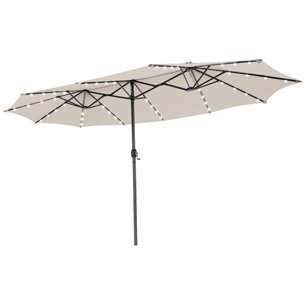 Costway 15FT Twin Patio Double-Sided Umbrella 48 Solar LED Lights Crank Outdoor Beige