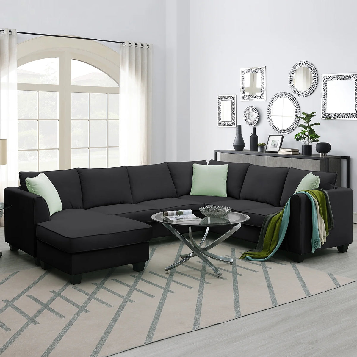 Harper & Bright Designs Modular Sectional Sofa with Ottoman Couch L Shape Corner Sofa Sets 7 Seats Fabric Couch for Living Room, Black, 112 * 87 inch