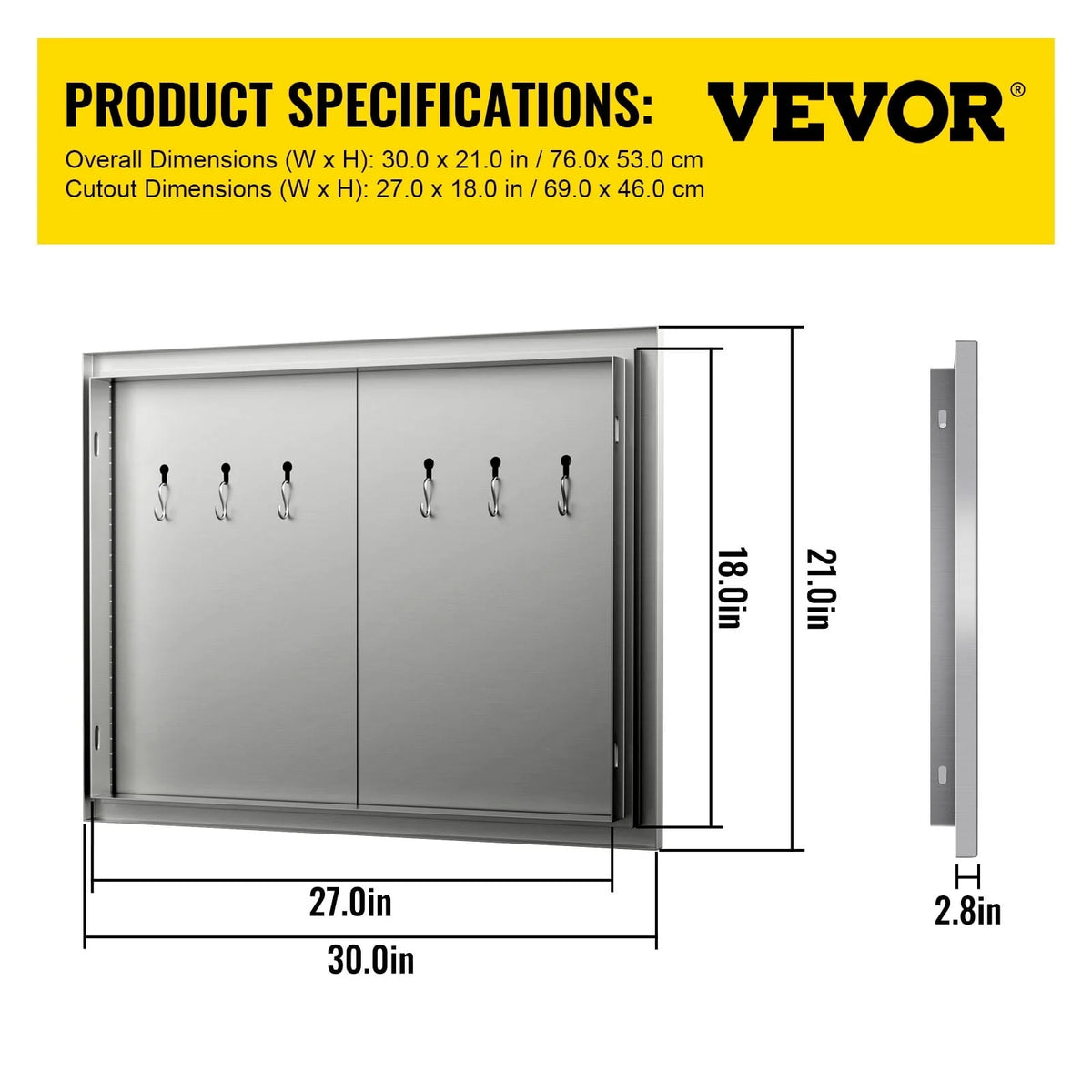 Double Access Door, 30''Wx21''H Outdoor Kitchen Door, Double Wall Stainless Steel Outdoor Cabinets with Hooks, Brushed Steel Access Door BBQ Doors, Easy to Install for BBQ Island Grill Station