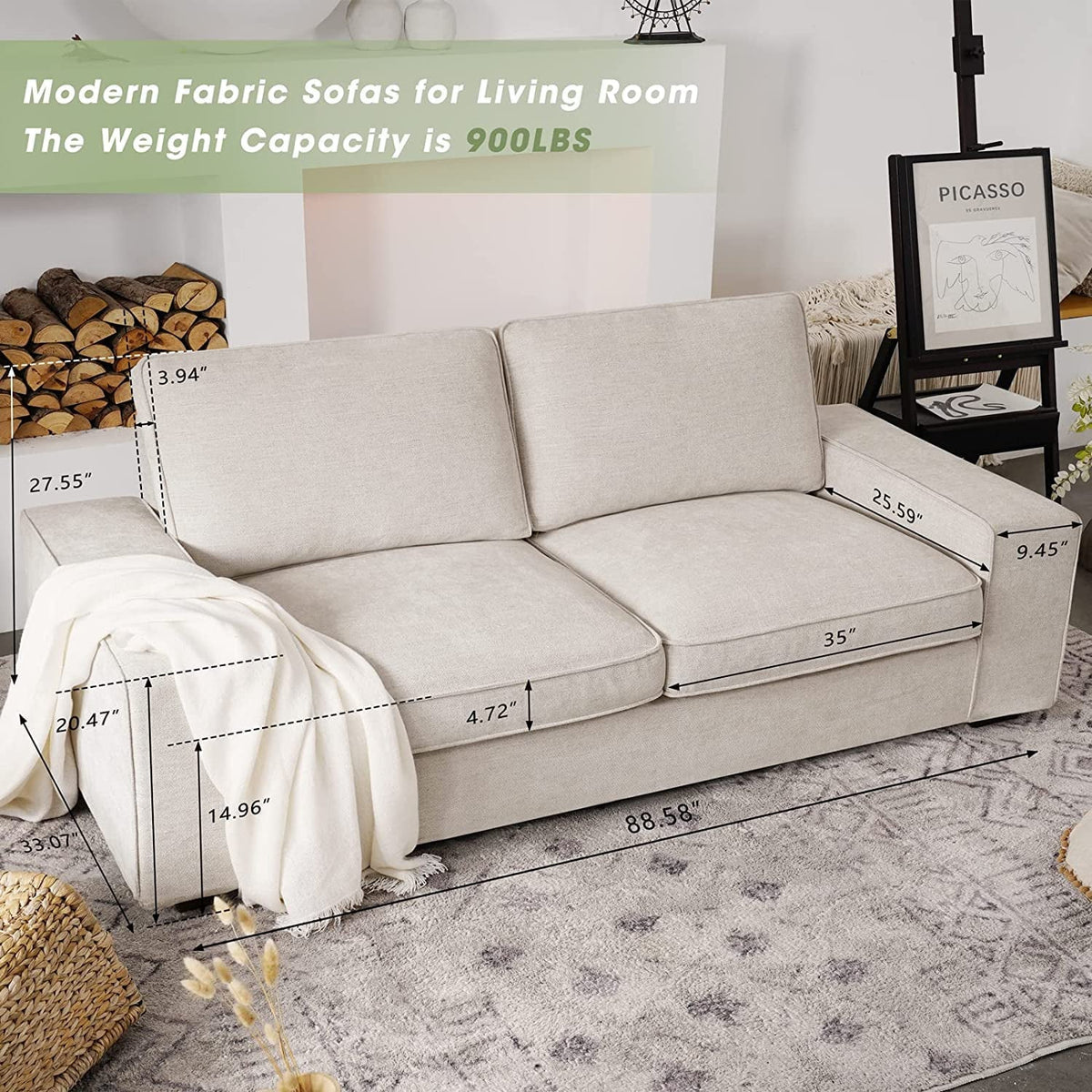 88.58" Modern loveseat Sofas Living Room,Couches Love Seat with Wood Frame for Bedroom, Office, Apartment, Dorm, Studio /Easy, Tool-Free Assembly（Beige）