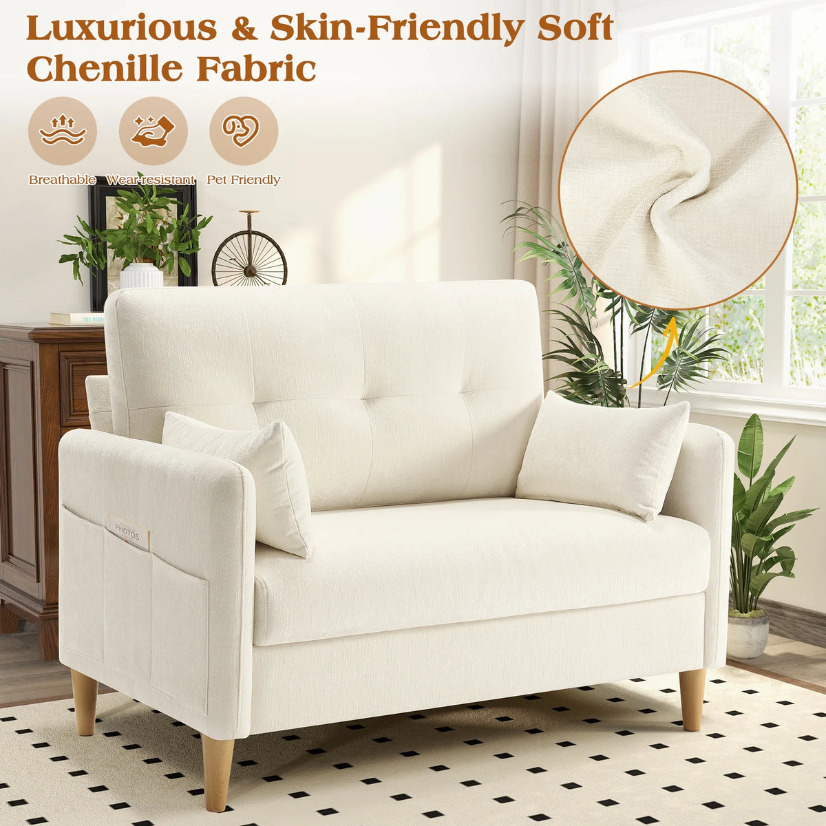 BedLuxury 47'' Wide LoveSeat, 2-seat Chenille sofa with 2 Pillows for Living Room and Small Spaces, Dark Grey
