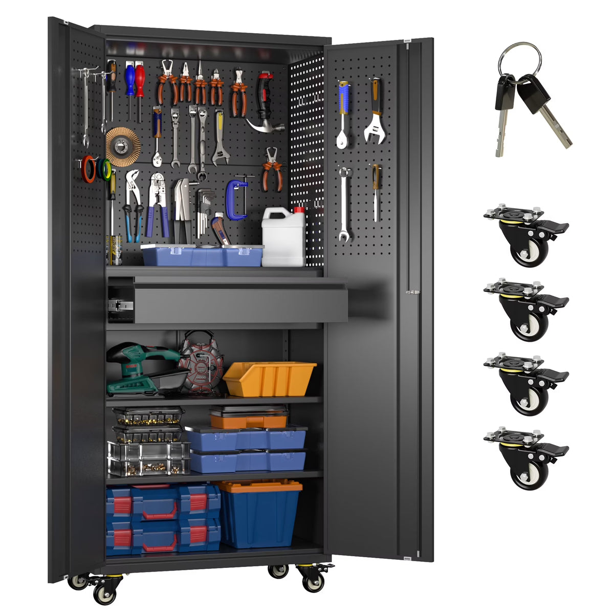Aobabo Metal Storage Cabinet with Lock,Garage Storage Cabinet with Wheels,72In Steel Storage Cabinet for Garage Home Storage, Black Required-Assembly