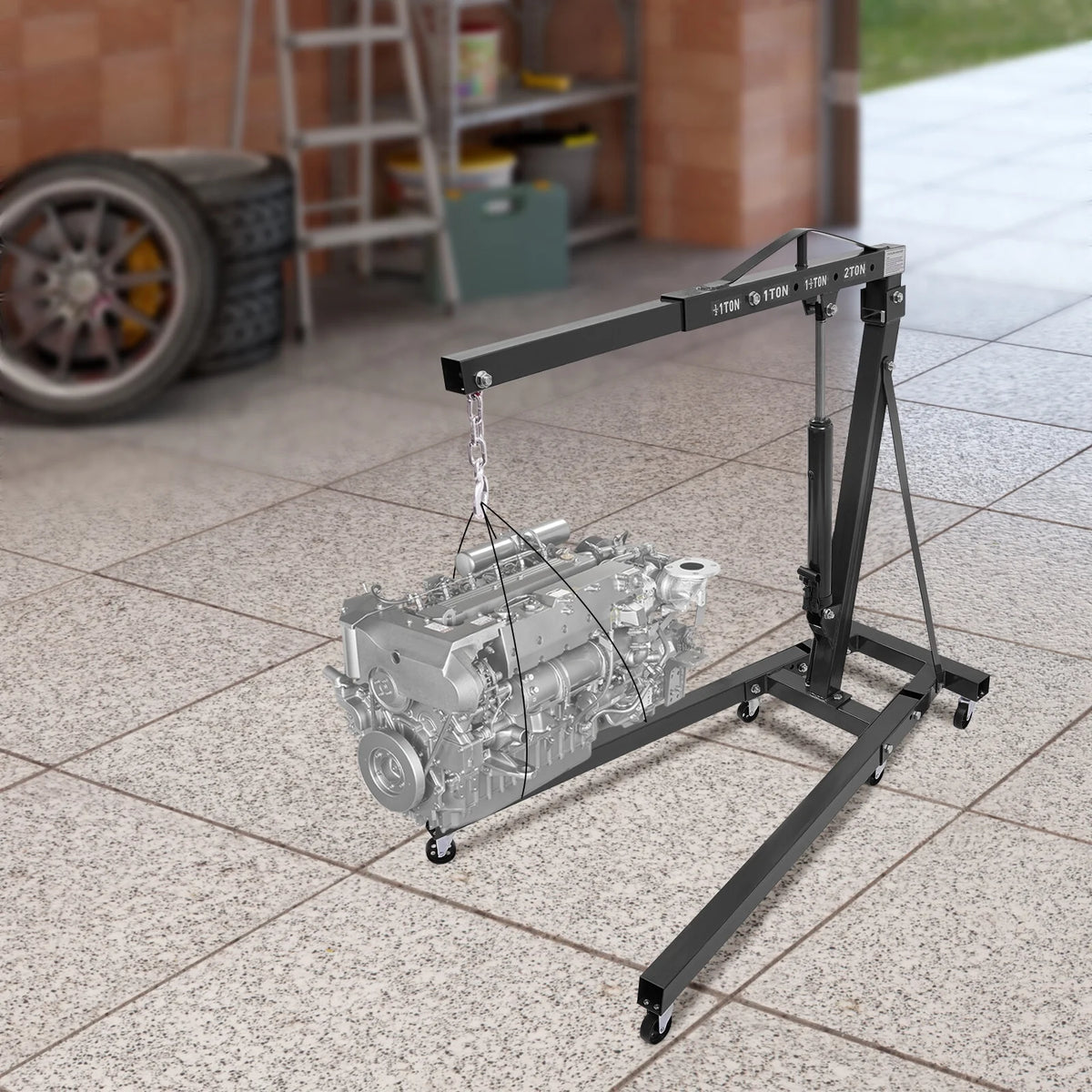 Folding Hydraulic Crane with Wheels for Workshops, Warehouses, Wharves to Move Gas Engines and Some Smaller Diesel Engines
