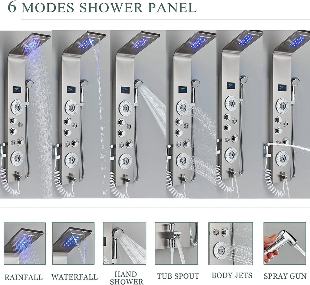 Shower Panel Tower System LED Rain&Waterfall Massage Jet Sprayer Stainless Steel