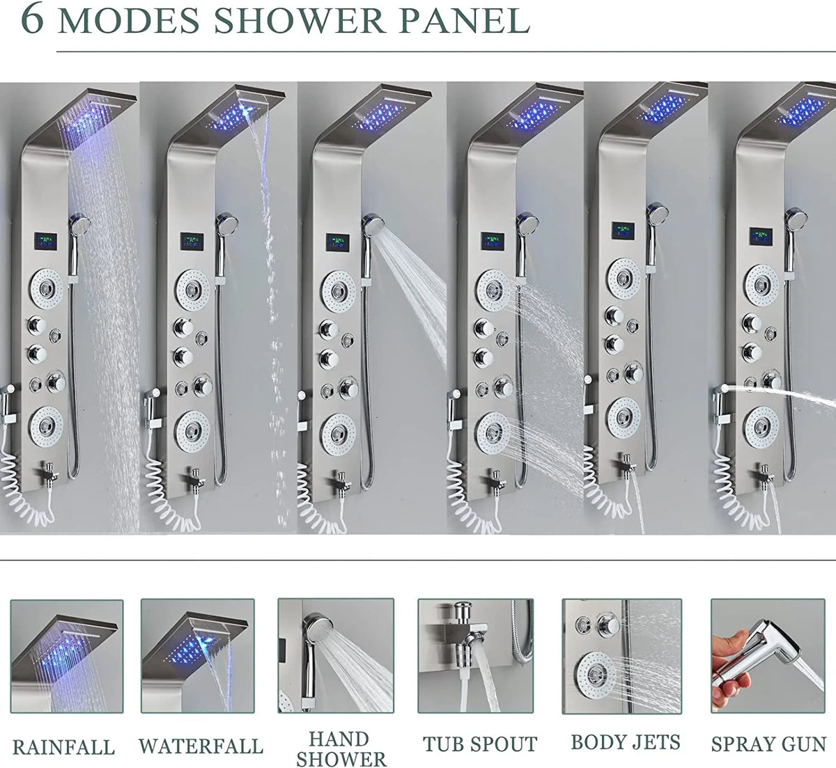 Shower Panel Tower System LED Rain&Waterfall Massage Jet Sprayer Stainless Steel