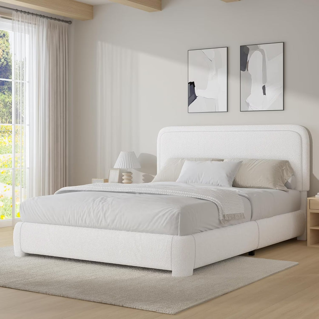 4 EVER WINNER Twin Size Bed Frame, Modern Bed Frame with Headboard, Boucle Fabric Upholstered Bed Frame, Soft Curved Headboard, Cream