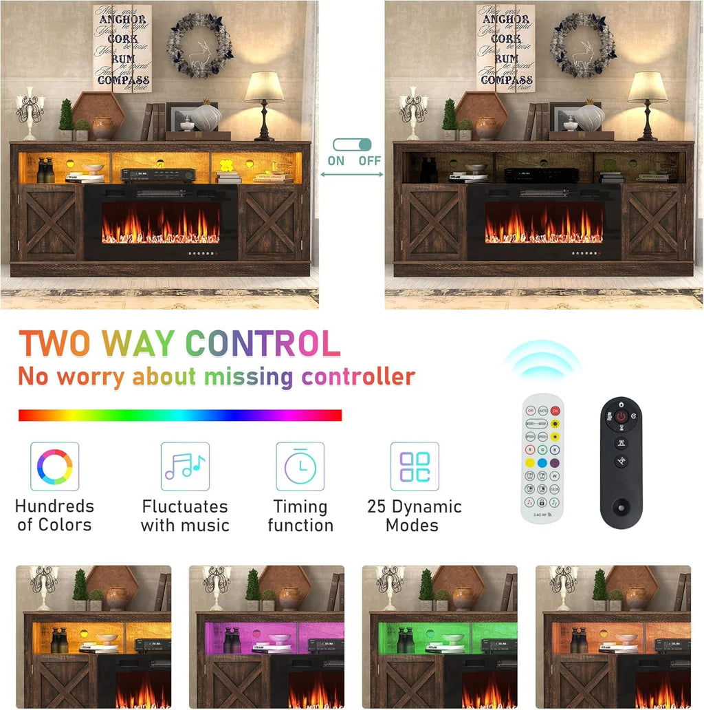 ChVans 70" Fireplace TV Stand for TVs up to 80" with 36" Electric Fireplace, Farmhouse Entertainment Center with LED, Wooden Media Console for Living Room, Bedroom