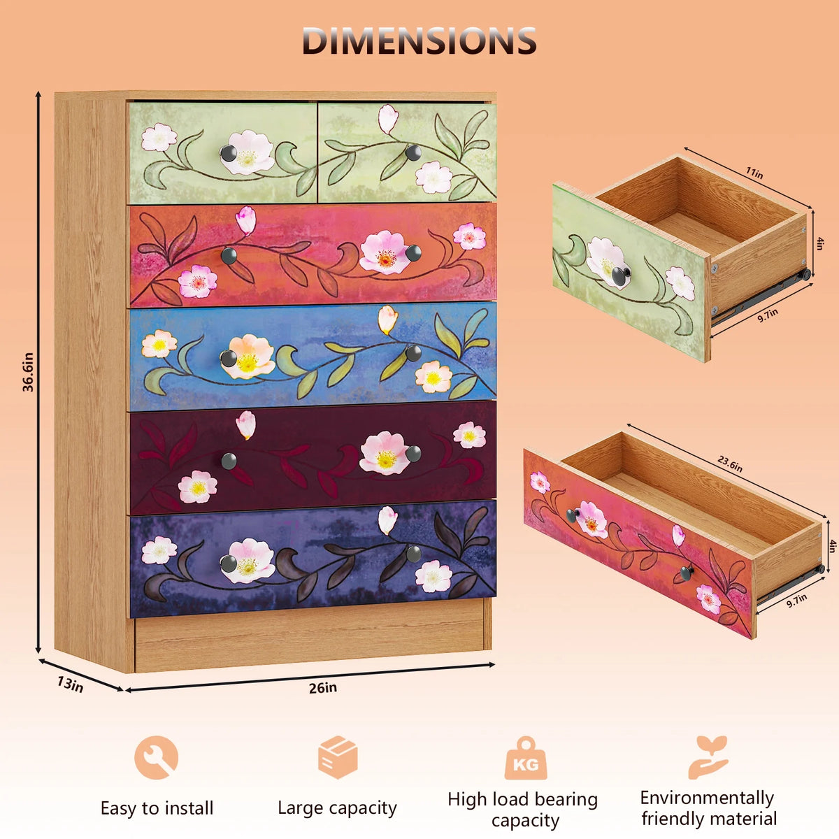 Ktaxon Wood 6-Drawer Dresser Organizer for Bedroom Storage Tower for Entryway Hallway Closet, Tall Chest Organizer Unit with Wood Bins, Floral Painted Wooden