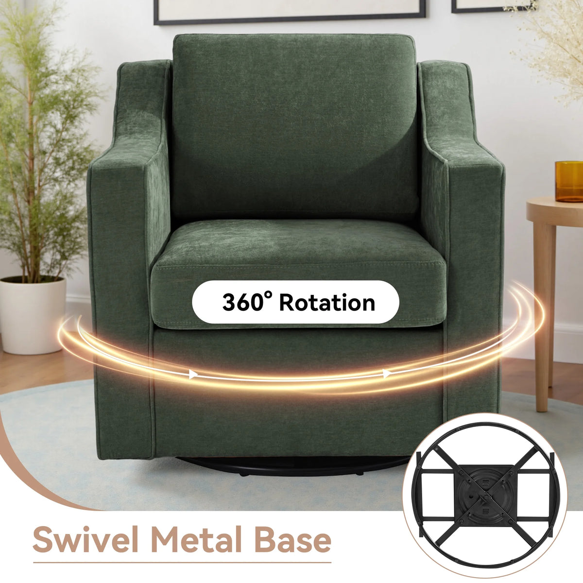 Swivel Accent Chair for Living Room, Modern Upholstered Barrel Arm Chair with Plump Back Pillow, Comfy Club Sofa Reading Chair for Adults (Chenille Navy, Set of 1)