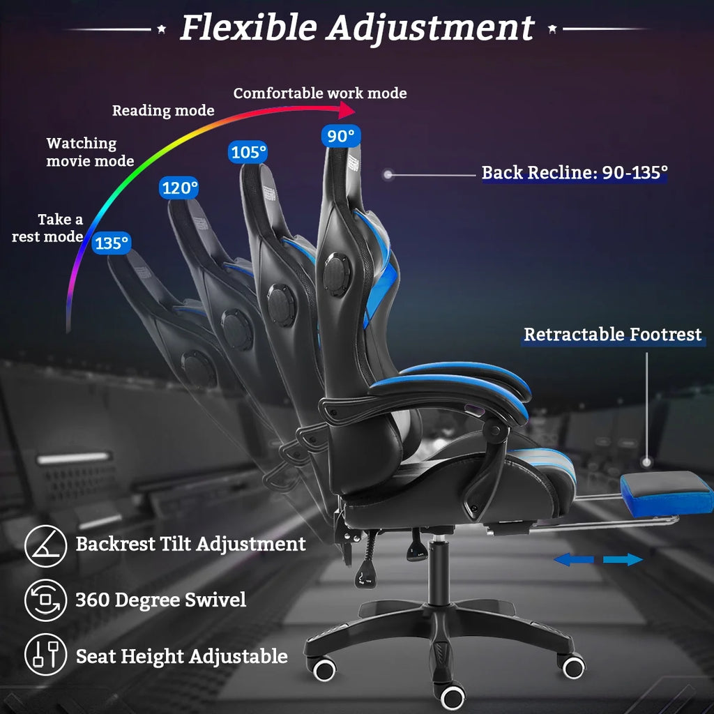 Hoffree Gaming Chair with Bluetooth Speakers and Footrest Massage Office Chair with LED Lights Ergonomic Game Chair High Back with Lumbar Support and Headrest Adjustable Swivel for Adults 300lb